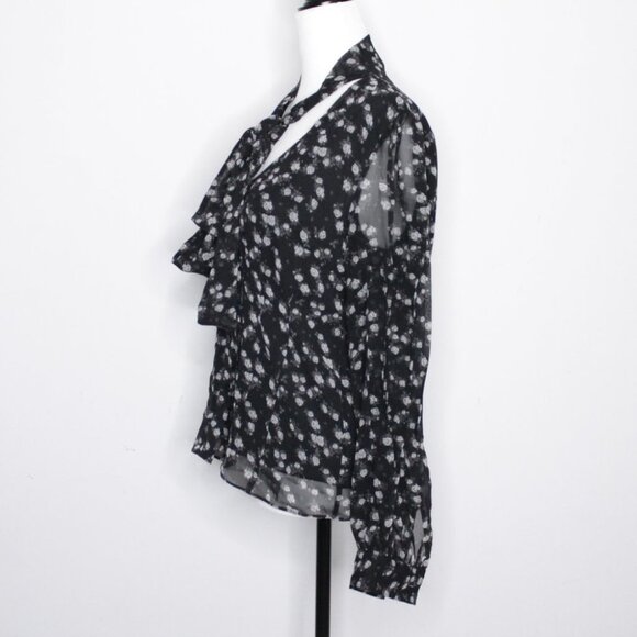 Michael Michael Kors Black Grey Floral Print Long Sleeve Blouse Size S - Picture 2 of 16